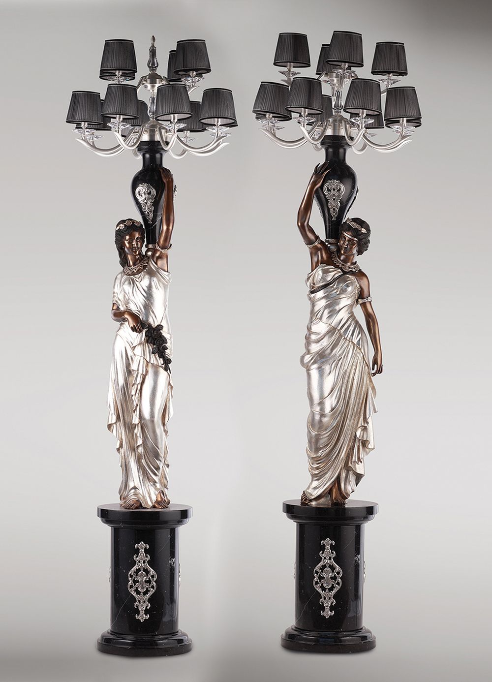 NEOKLASSISCHES_MAeDCHENPAAR_klassische_lampen_leuchten_patina_mit_bronze-_und_silberblaettern_Kunsthandwerke | Fonderie_Artistiche_Ruocco_NEOKLASSISCHES_MÄDCHENPAAR_klassische_lampen_leuchten_patina_mit_bronze-_und_silberblättern_Kunsthandwerke