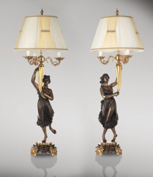 TAeNZERPAAR_VON_CANOVA_MIT_LAMPENSCHIRM_klassische_lampen_leuchten_zweifarbige_bronzepatina_mit_blattgold_Kunstwerke