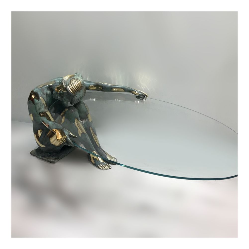 Handwerkskunst, Glasobjekte, Glastische, Couchtische | Fonderie_Artistiche_Ruocco_TISCH_SIBILLA_design_tischmitfiguren_glastisch_grünepatina_glas_Kunsthandwerke